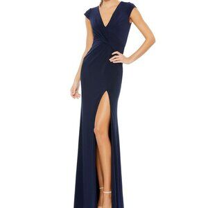 Ieena For Mac Duggal Navy Blue Ruched V-Neck Jersey Gown